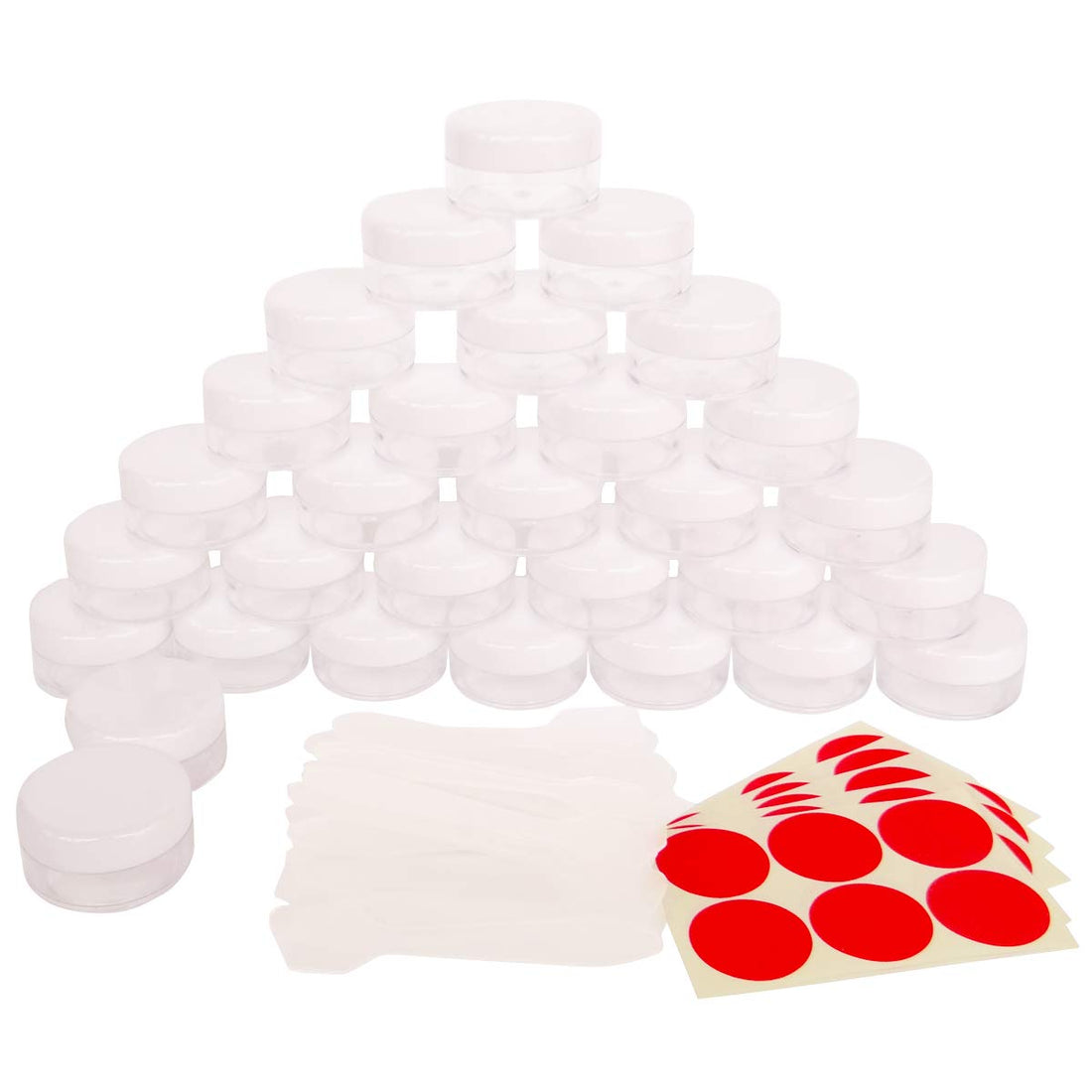 30pcs 10 Gram 10ml Small Jars, Empty Cosmetic Sample Container, Plastic Round Pot WHITE Screw Cap Lid, Tiny 10g Bottle for Makeup, Eye-shadow, Nails, Powder, Jewelry, Slime, Pills, 30 Spatulas +Labels