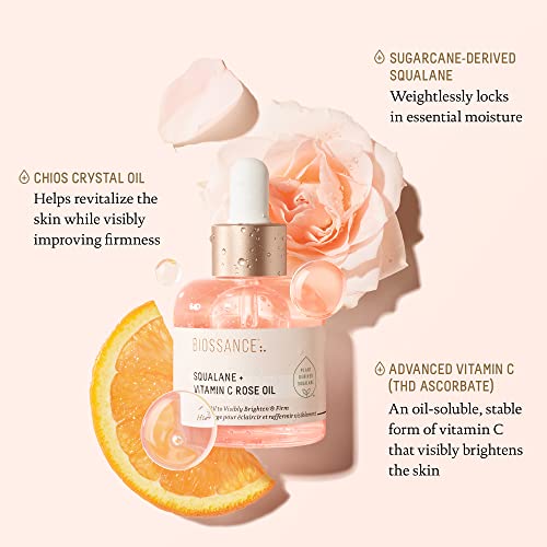 BIOSSANCE Squalane + Vitamin C Rose Oil, Advanced Facial Oil - Brightening, Firming, and Hydrating Serum for All Skin Types - Chios Crystal Oil, Damascus Rose Extract & Squalane for Radiance - 1oz