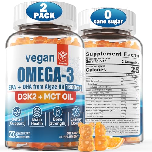 Vegan Omega 3 Gummies 1280mg + Vitamin D3 K2 (MK7), Omega 3 Fish Oil Alternative for Adults, w/Algae EPA 600mg & DHA 400mg, MCT Oil - No Fish Taste - for Brain, Eye, Immune Health, Sugar Free, 2 Pack