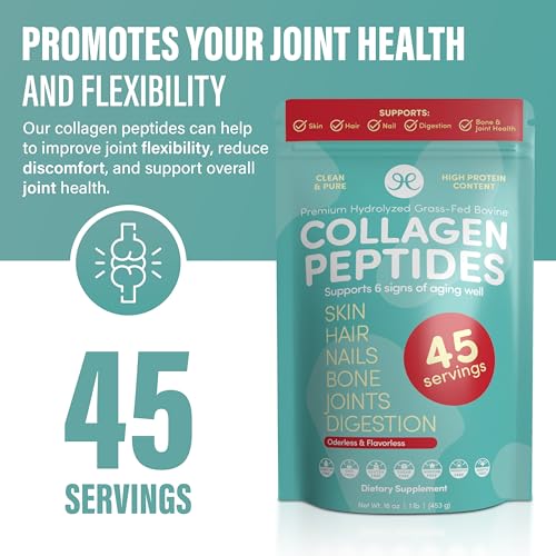 Hydrolyzed Collagen Peptides Powder - Grass Fed - 16 Ounces, Promotes Skin, Hair, Nails, Muscle, Bone, Joints & Gut Health for Women & Men, Easy to Mix, Unflavored & Odorless, Non GMO, Keto & Paleo
