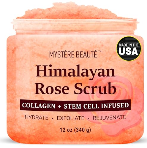 MYSTÉRE BEAUTÉ Himalayan Salt Body Scrub 12 oz - with Collagen and Stem Cells - Exfoliating Salt Scrub for Cellulite - Deep Cleansing for Acne, Scars, Wrinkles - Moisturizes Skin