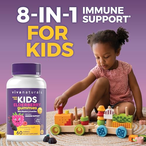 Viva Naturals 8in1 Elderberry Gummies for Kids with Vitamin C, D and Zinc - 60 Sugar Free Kids Immune Support Black Elderberry Gummies - Elderberry Vitamin C and Zinc Immune Support Supplement