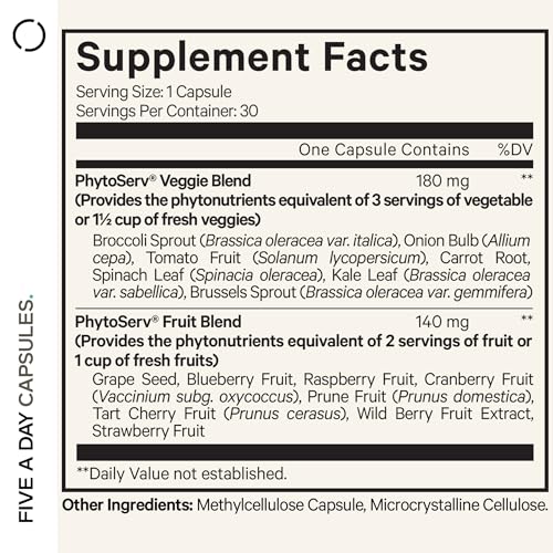 Codeage 5 Servings of Fruits & Veggies Equivalent in 1 Single Capsule - Whole Food Instantfood with 15 Greens & Fruits in All-in-One Pill, Eat Vegetables - Vegan Vitamins Supplement - Non-GMO - 30 ct