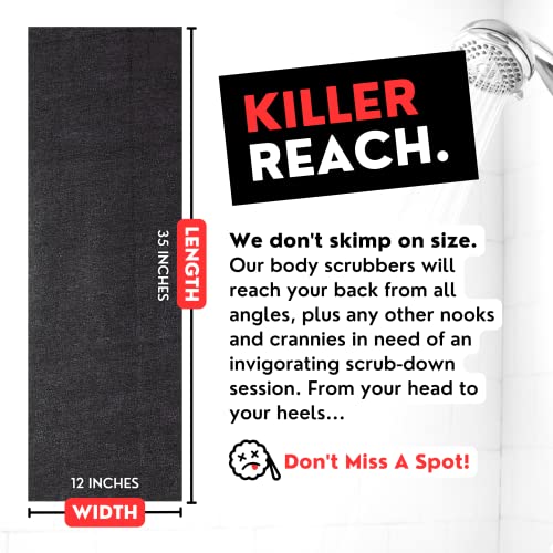 Extra Rough Exfoliating Washcloth - Extreme Body & Back Scrubber for Shower, Extra Long, Hygienic Exfoliator Wash Cloth, Men Or Women, 2 Count Pack, 1 Black & 1 Grey Color, Bye Bye Loofah