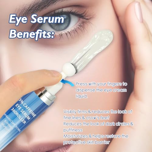 Eye Serum with 5% Caffeine & 5% Retinol – Under Eye Cream with Hyaluronic Acid, Niacinamide & Peptides for Dark Circles, Puffiness & Fine Lines – 360° Massage Roller Ball, 0.5 fl. oz
