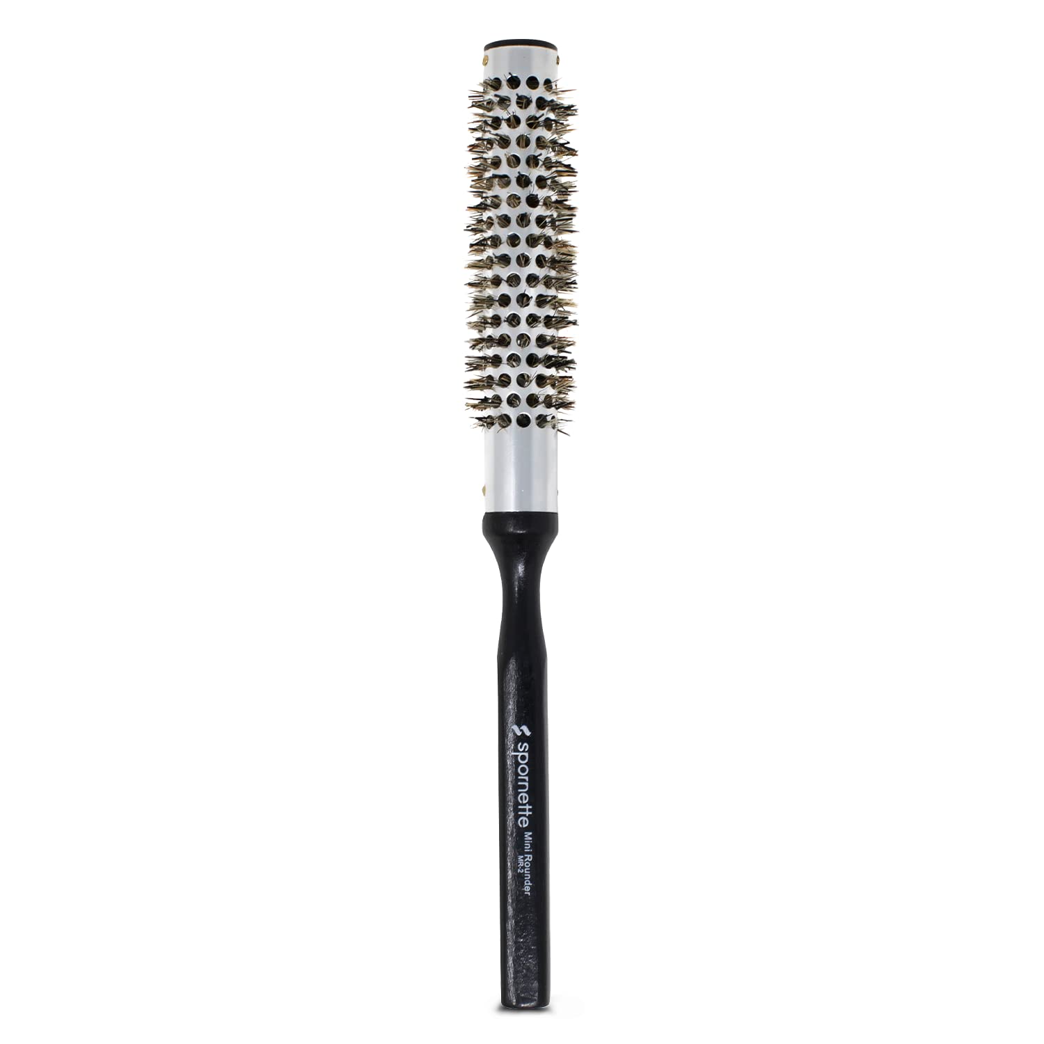 Spornette 1 Inch Mini Rounder Hair Brush Metal Thermal Barrel & Boar Nylon Bristles - Small Round Brush for Blow Drying, Styling, Smoothing & Volume (MR-2) For Barbers, Short Curly Bangs & Hairline