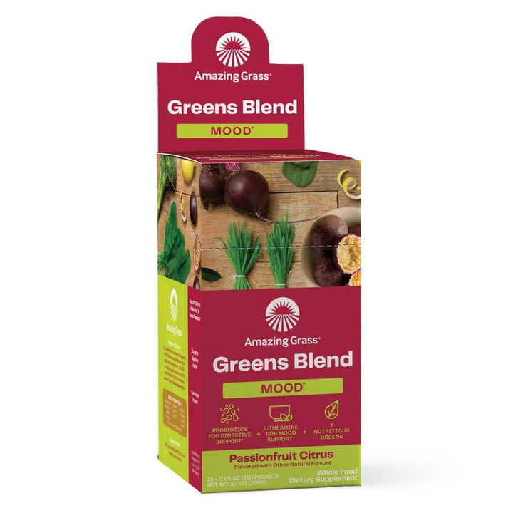 Amazing Grass Greens Blend Mood: Super Greens Powder Smoothie Mix for Mood, Relaxation & Stress Support with Organic Spirulina, Chlorella, Beet Root Powder, Digestive Enzymes & Probiotics, 15 Servings
