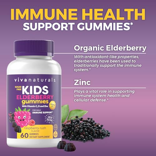 Viva Naturals 8in1 Elderberry Gummies for Kids with Vitamin C, D and Zinc - 60 Sugar Free Kids Immune Support Black Elderberry Gummies - Elderberry Vitamin C and Zinc Immune Support Supplement