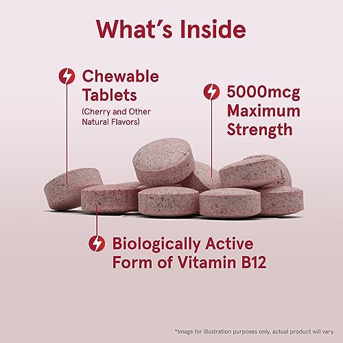 Jarrow Formulas Vitamin B12 5000 mcg - Maximum Strength for Cellular Energy and Brain Health, 90 Cherry Chewable Tablets, B12 Vitamins 5000 mcg
