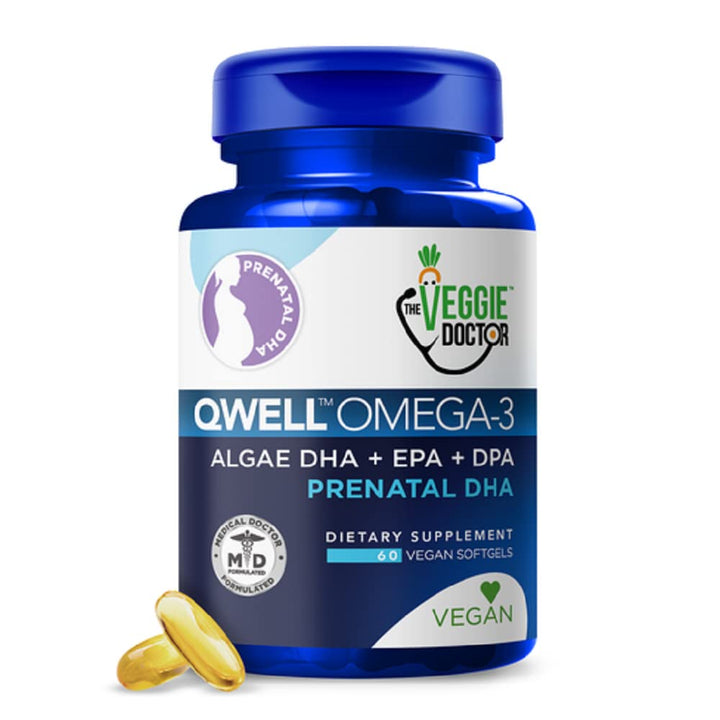 The Veggie Doctor - Vegan Prenatal Vitamins with DHA (60 Count) Omega-3 – Qwell Better Than Fish Oil, Brain Function – 820 Mg Algae DHA & EPA, Vegan Prenatal Vitamins with Vitamin E, Carrageenan-Free
