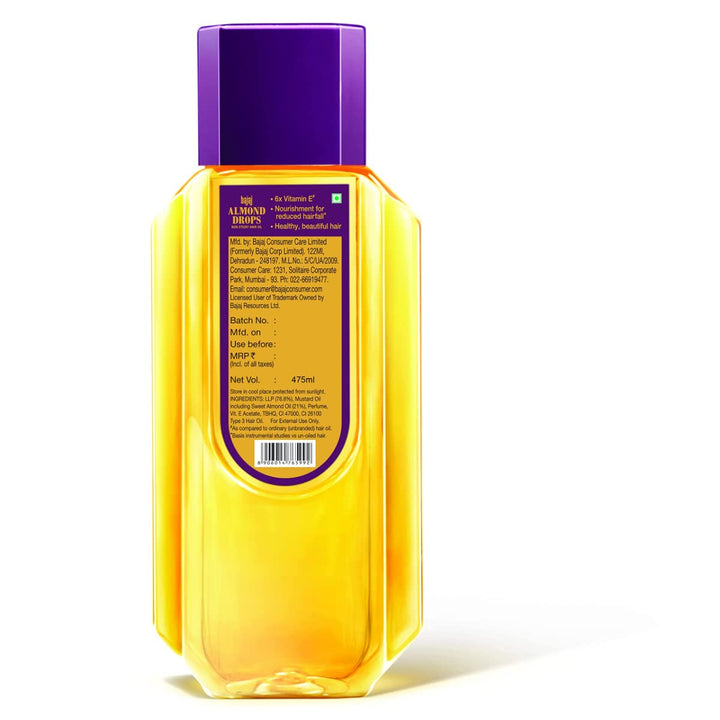 Bajaj Almond Drops Hair Oil, 475ml, Hair Oil, 6X Vitamin E, Almond Oil, Light and Non-Sticky, Hair Fall Control