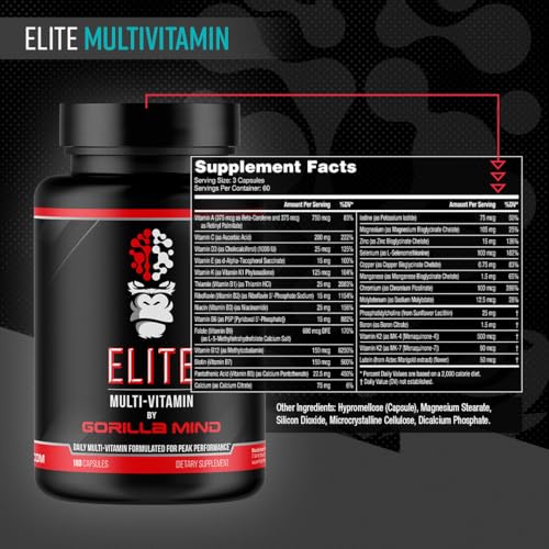 Gorilla Mind Elite Multi-Vitamin (180 Capsules) – Daily Multivitamin Formulated for Peak Performance | 27 Nutrients to Backfill Micronutrient Shortcomings