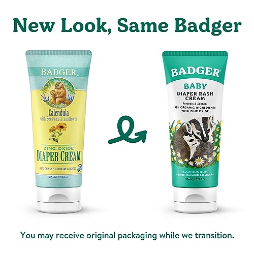 Badger Diaper Cream, 99% Organic Diaper Rash Cream for Baby, Zinc Oxide Ointment w/Soothing Calendula Cream for Sensitive Baby Skin, 2.9 fl oz