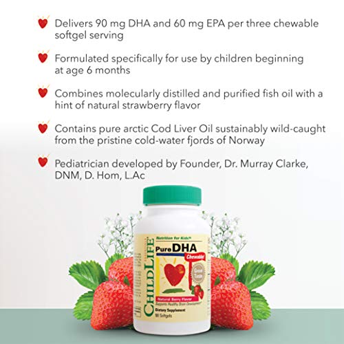 CHILDLIFE ESSENTIALS Pure DHA for Kids - DHA Supplements, DHA EPA Omega 3 Supplement, Children DHA Chewables, Baby DHA, Fish Oil for Toddlers, Gluten Free - Natural Berry, 90 Softgels (Pack of 1)