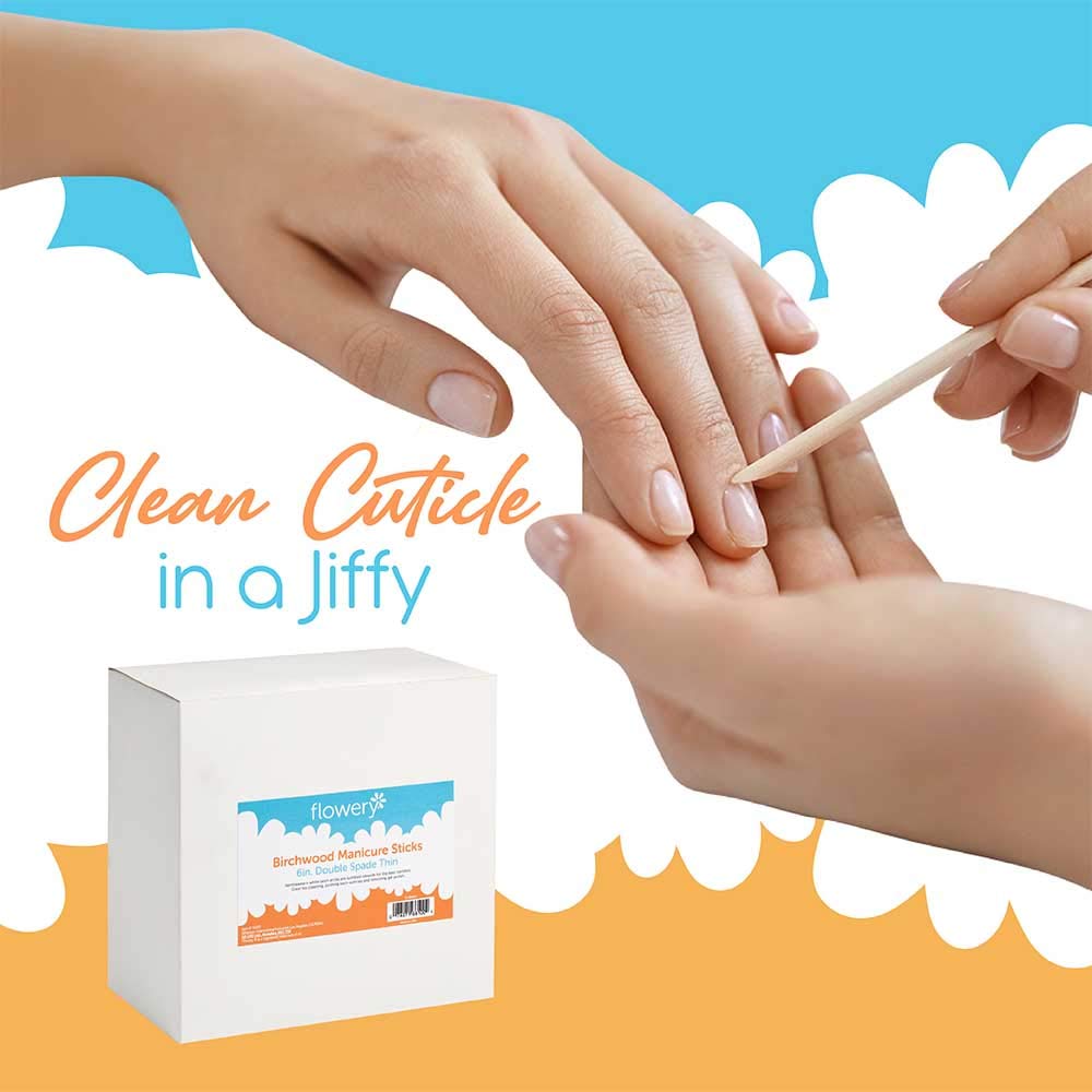 Flowery Birchwood Manicure Sticks, Double Spade Thin, Disposable Cuticle Pusher, 6 Inches, 1000 Count