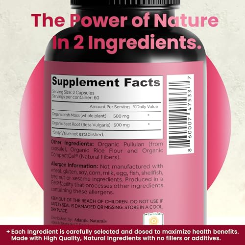 Atlantic Naturals Sea Moss with Beet Root Capsules - Premium Quality Multivitamin Supplement - Sea Moss Superfood to Support Immune Health, Blood Flow, Joint Health & Athletic Performance - 120 ct