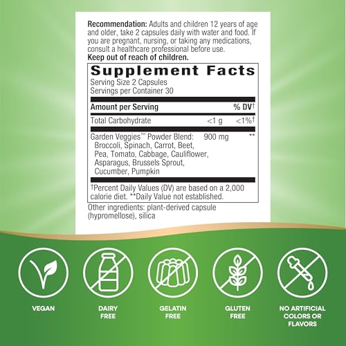Nature's Way Garden Veggies, Veggie Powder Blend, 900 mg per 2-Capsule Serving, 60 Vegan Capsules (Packaging May Vary)