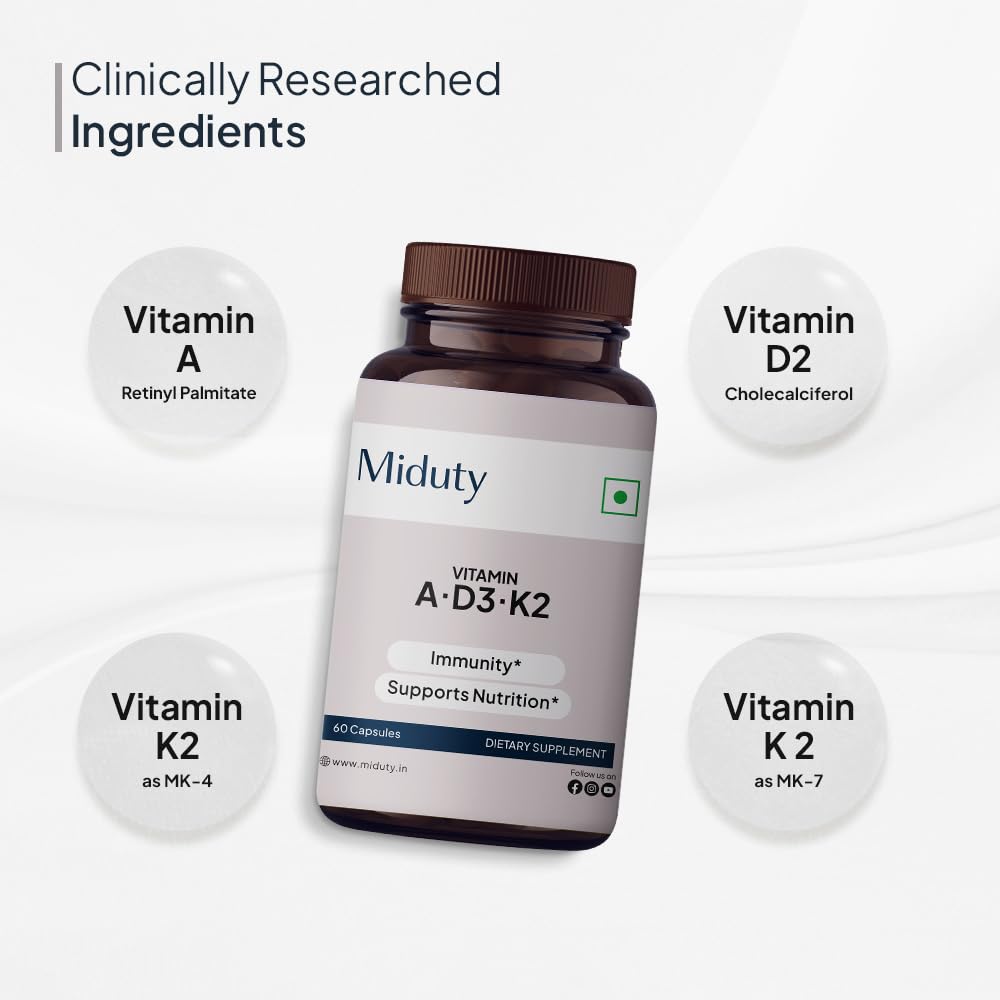 Miduty Vitamin ADK Multivitamin Contains Vitamin A - D3 - K2 Vitamin ADK Supplement for Men and Women - 60 Capsules