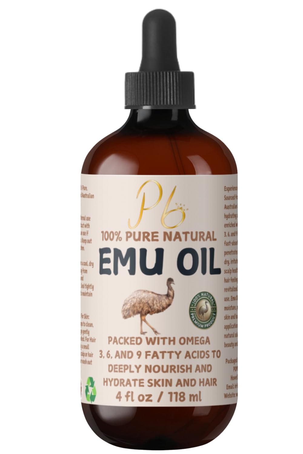 Emu Oil, 100% Pure Australian Emu Oil – Refined & Unscented – Natural Moisturizer for Hair, Skin, Face & Body – Helps with Scars, Dry Skin & Massage – 4 fl oz Glass Bottle