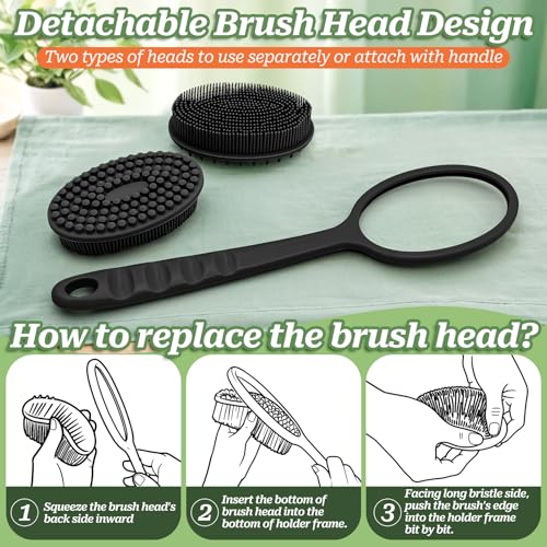 GEENOA Silicone Back Scrubber for Shower, Gentle Silicone Body Scrubber, Soft Silicone Loofah with Handle, Back Brush Bath Brush with Two Replaceable Brush Heads(Black-Two Heads)