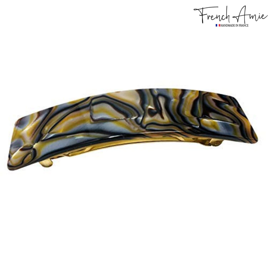 French Amie Fine Wide Rectangular Celluloid Handmade Onyx Automatic Hair Clip Barrette - Made to Last (Onyx)