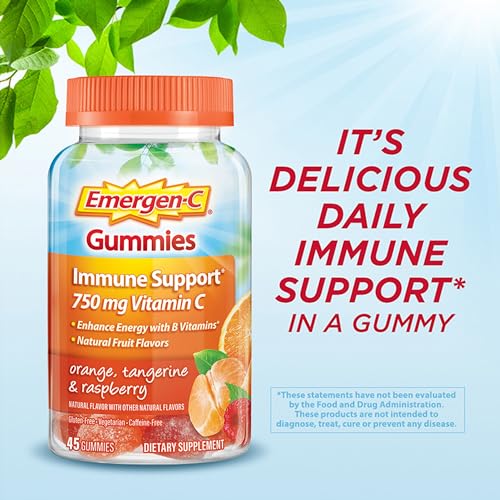 Emergen-C 750mg Vitamin C Gummies for Adults, Immunity Gummies with B Vitamins, Gluten Free, Orange, Tangerine and Raspberry Flavors, 45 Count (Pack of 1)