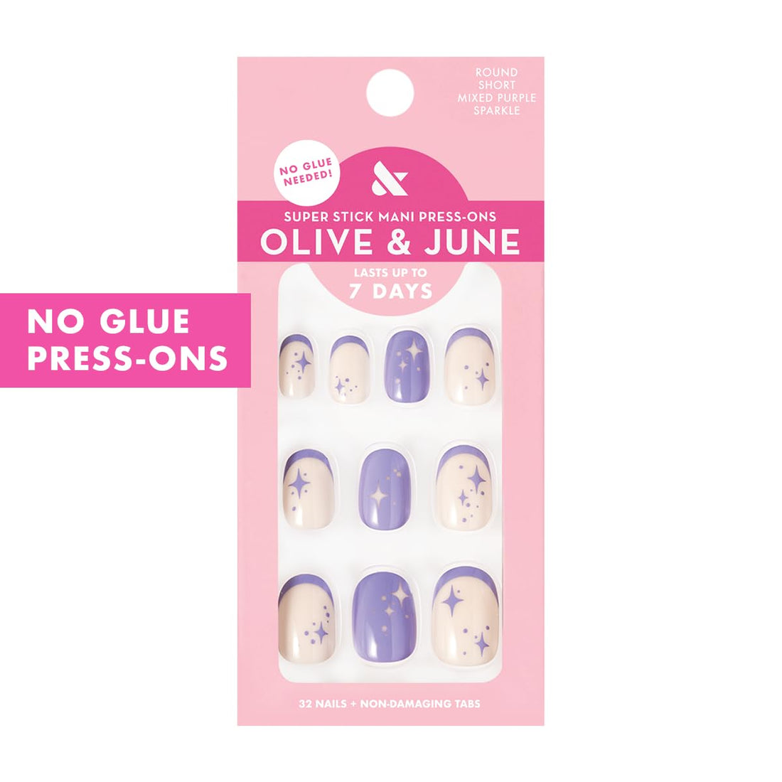 Olive & June Classic Super Stick Mani Press On Nails | Short Round | No Glue Needed | 32 Tab Nails in 16 Sizes | Non-Toxic Tabs | Easy On-Off Non-Damaging Real Look | 7-Day Wear | Mixed Purple Sparkle