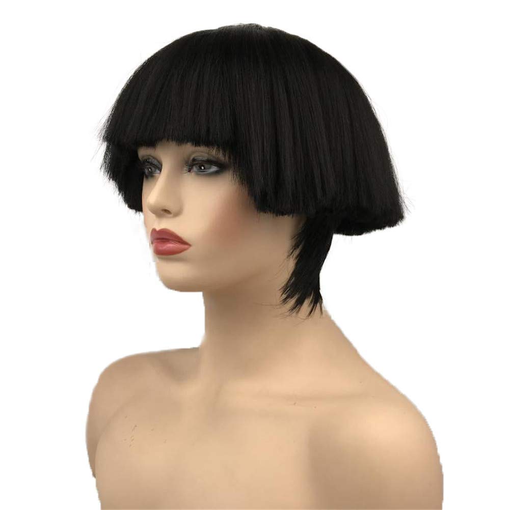 #1B Black: Aimole Short Yaki Straight Synthetic Wigs Black Mushroom Head Wig Bowl Haircut Wigs Bob