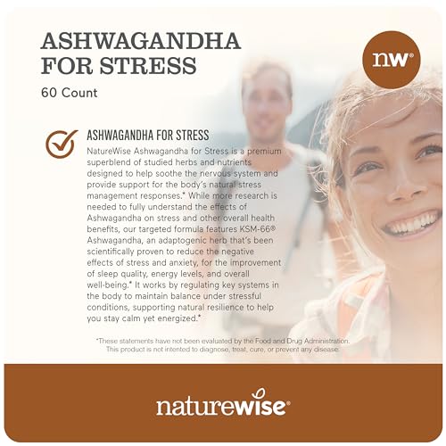 NatureWise Ashwagandha for Stress - With KSM-66 Extract, GABA, L-Theanine, Rhodiola Rosea - Herbal Mood & Sleep Support - Vegan, Non-GMO, Gluten-Free - 60 Capsules[1-Month Supply]