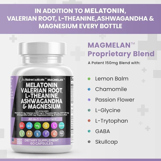 Clean Nutraceuticals Melatonin 10mg Valerian Root L Theanine 200mg Ashwagandha - Sleep Support for Women & Men with Magnesium Complex, Lemon Balm, Chamomile, & Passion Flower - 60 Caps