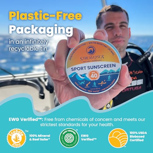 STREAM2SEA Sunscreen Balm in Tin, SPF40 Reef Safe Mineral Sunscreen, Face & Body Biodegradable Sunscreen, Natural Organic Unscented Travel Size Reef Safe Sunscreen with Zinc Oxide, 2.8 oz
