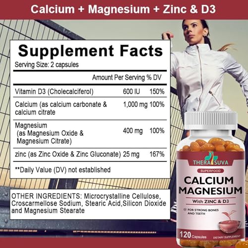 4 in 1 Calcium 1000mg + Magnesium 400mg + D3 + Zinc, Extra Strength, Complex Supplement for Bone and Immune Health. 120 SoftGels, 60 Day Supply