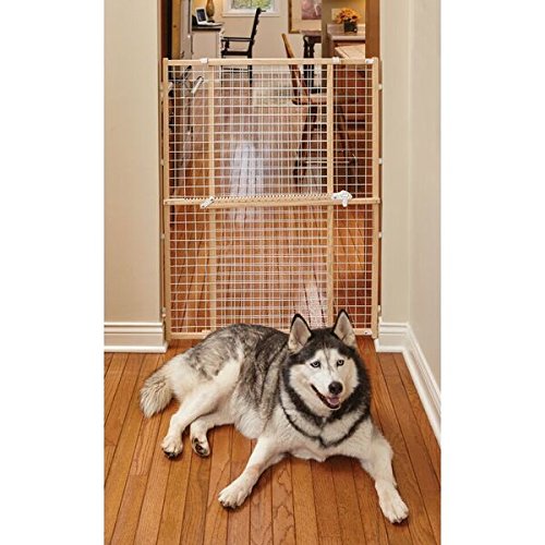 MidWest Homes for Pets Wire Mesh Pet Safety Gate, Pressure Mounted Dog Gate Measures 44 Inches Tall & Expands to 29-50 Inches Wide, Natural Wood & White Powder Coated Wire Mesh