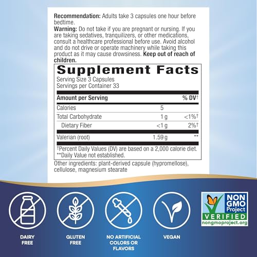 Nature's Way Valerian Root, Traditional Sleep Support*, Non-GMO Project Verified, Gluten Free, Vegan, 100 Capsules (Packaging May Vary)