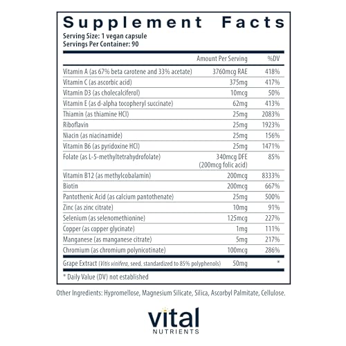 Vital Nutrients Minimal and Essential Multivitamin | Vegetarian One per Day Multi Vitamin, Mineral, & Antioxidant Supplement* | Iron-Free | Gluten, Dairy, Soy Free | Non-GMO | 90 Capsules