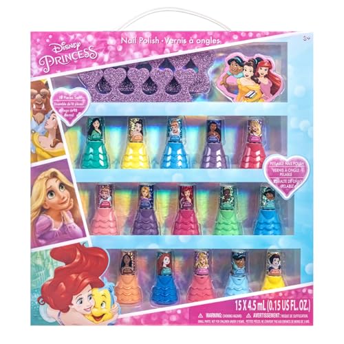 Townley Girl Disney Princess 15 Piece Water-Based Nail Polish with 3 Toe Spacers| Quick Dry| Peel Off| Gift Kit Set for Kids Girls| Ages 3