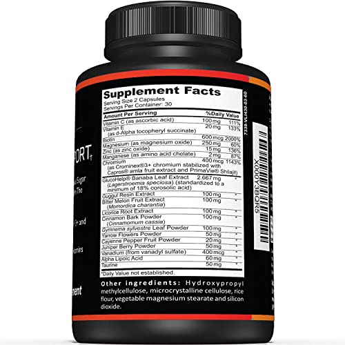 Premium Blood Sugar Support Supplement–Supports Healthy Blood Sugar Levels Already Within Normal Range – Includes Bitter Melon Extract, Vanadium, Chromium, Cinnamon, & Alpha Lipoic Acid-60 Capsules