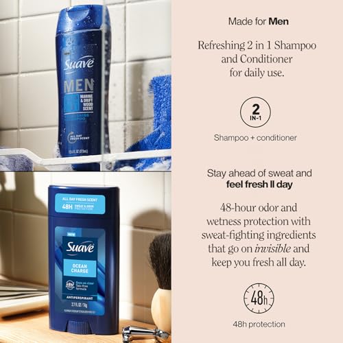 Suave Men’s 2-in-1 Shampoo and Conditioner, Ocean Charge + Antiperspirant Deodorant for Men, Ocean Charge, 48H Sweat & Odor Protection (2 Piece Set)