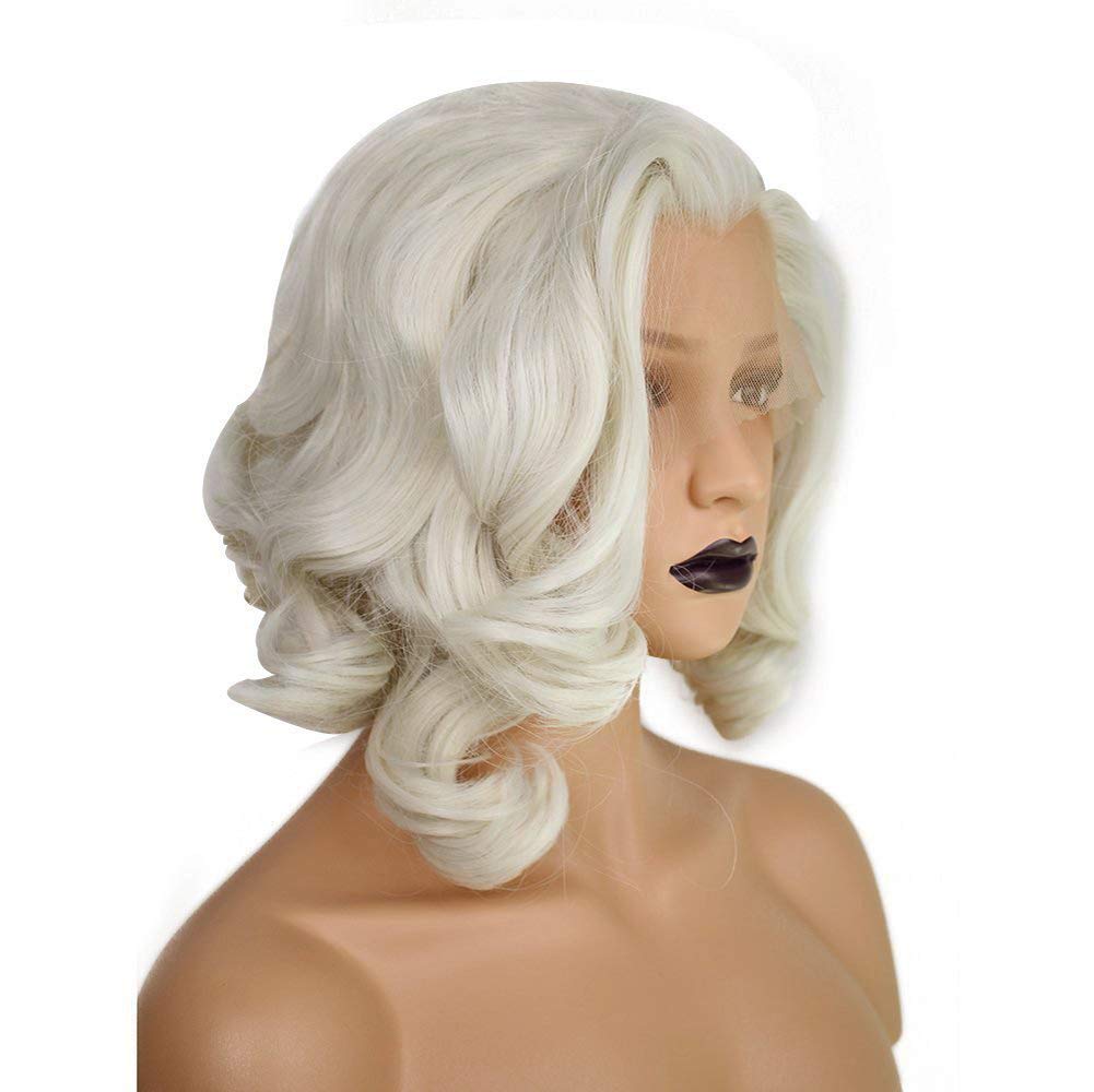 Anogol Hair Cap+ Light Platinum Blonde Lace Front Wig Synthetic Hair Short Curly Bob Wigs Glueless Natural Hairline For Women