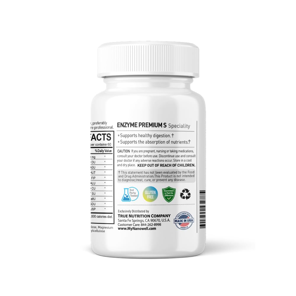 NANOWELL Enzyme Premium S Digestive Health Supplement, Multi Enzymes, Bromelain from Pineapple, Papain from Papaya - 60 Capsules X 2 Bottles (120 Count)