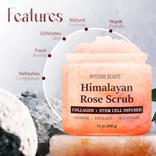 MYSTÉRE BEAUTÉ Himalayan Salt Body Scrub 12 oz - with Collagen and Stem Cells - Exfoliating Salt Scrub for Cellulite - Deep Cleansing for Acne, Scars, Wrinkles - Moisturizes Skin