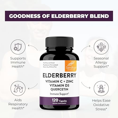 Elderberry Vitamin C and Zinc 120 Capsules | with Quercetin and Vitamin D3 | Immune Support for Adults | Herbal Supplement for Men and Women | 2 Months Supply | Natural Immunity Booster