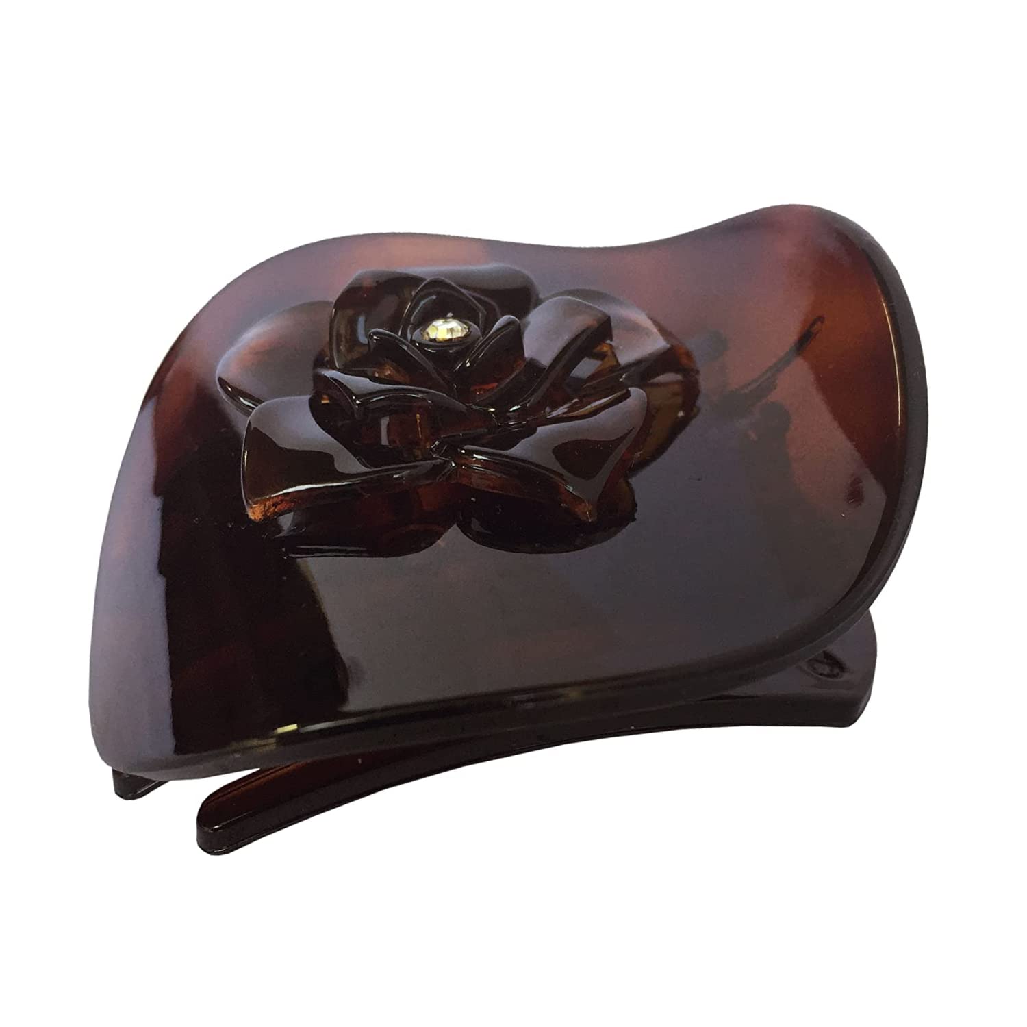 Parcelona French Onde Crystal Flower Shell Brown Round Celluloid Side Slide in Beak Style Hair Slider Claw Clip 2 3/4 Inch