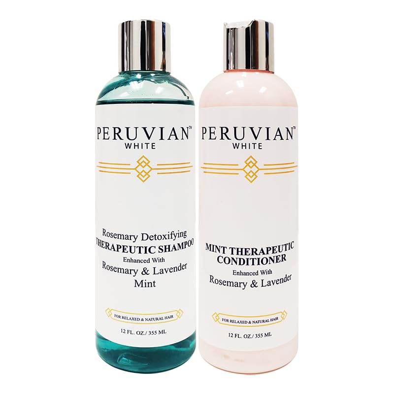 Peruvian white Rosemary Detoxifying Therapeutic Shampoo & Conditioner Enhanced with Rosemary & Lavender Mint (12 oz.) (Duo Set)