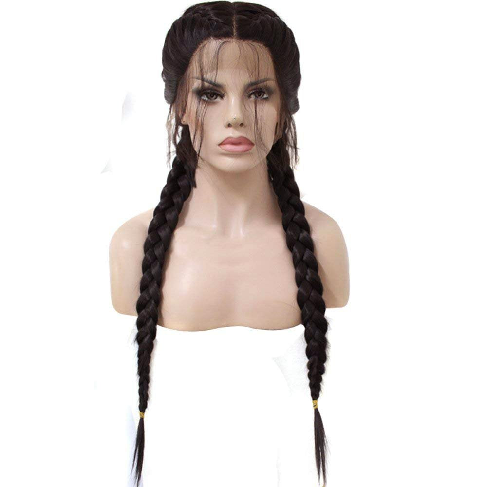 Anogol Hair Cap+Long Double Braids Black Synthetic Braided Lace Front Wig with Baby Hair Wigs Heat Resistant Fiber Middle Part