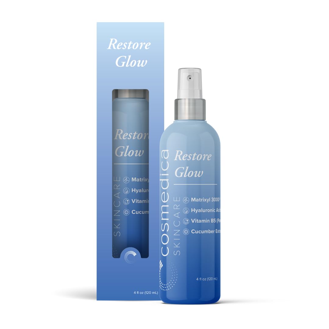 Cosmedica Skincare Restore Glow Peptide Spray Hydrating Mist with Matrixyl 3000, Vitamin B5, Hyaluronic Acid & Cucumber Extract for Radiant Skin – 4 oz