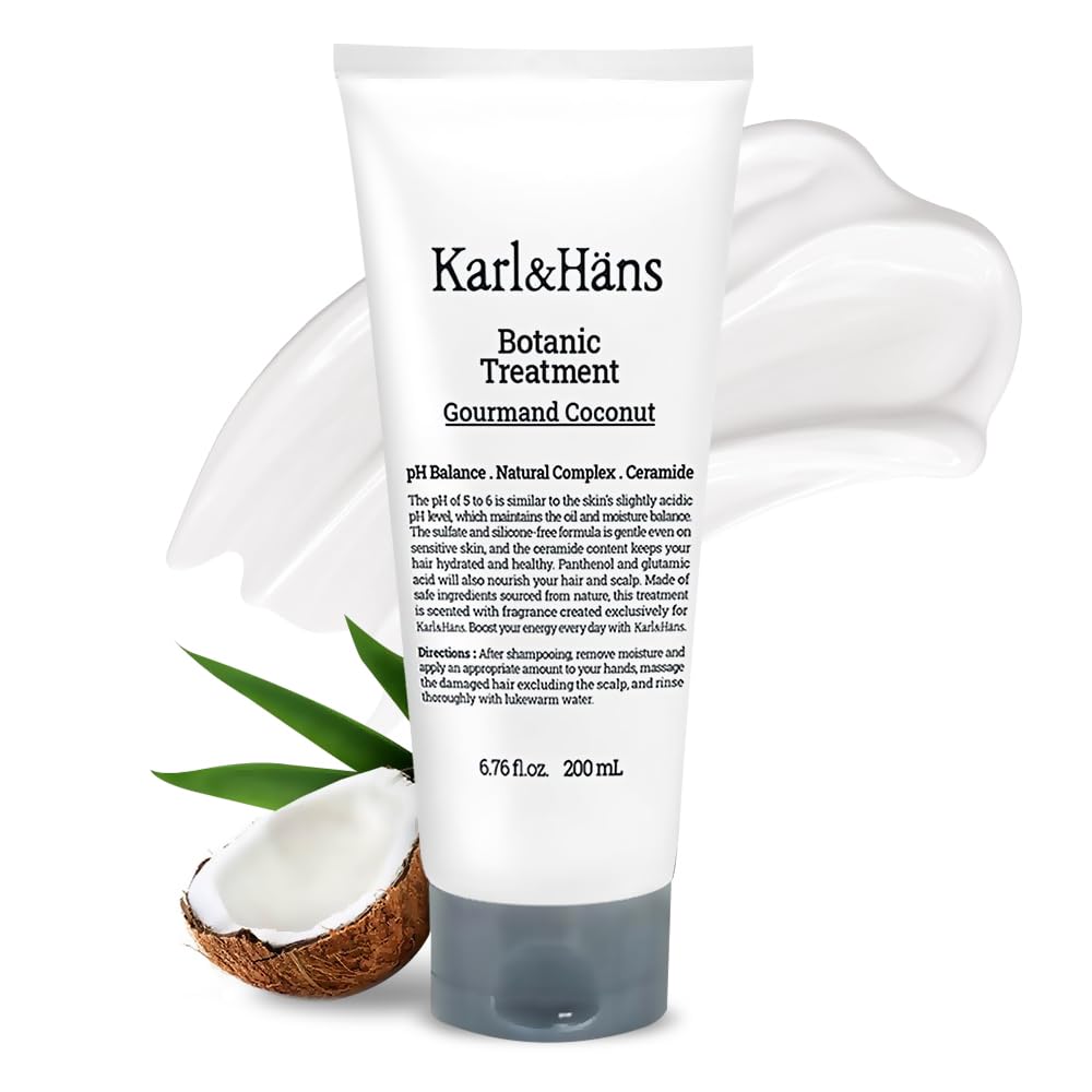 Karl&Hans Botanic Gourmand Coconut Conditioner Hair Treatment - Organic, Silicone-Free, Moisturizing with Ceramide, Coconut Oil & Natural Extracts for All, Dry, Damaged, Frizzy Hair, 6.76 fl oz