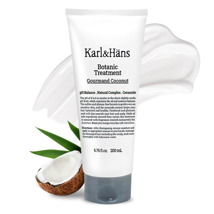 Karl&Hans Botanic Gourmand Coconut Conditioner Hair Treatment - Organic, Silicone-Free, Moisturizing with Ceramide, Coconut Oil & Natural Extracts for All, Dry, Damaged, Frizzy Hair, 6.76 fl oz