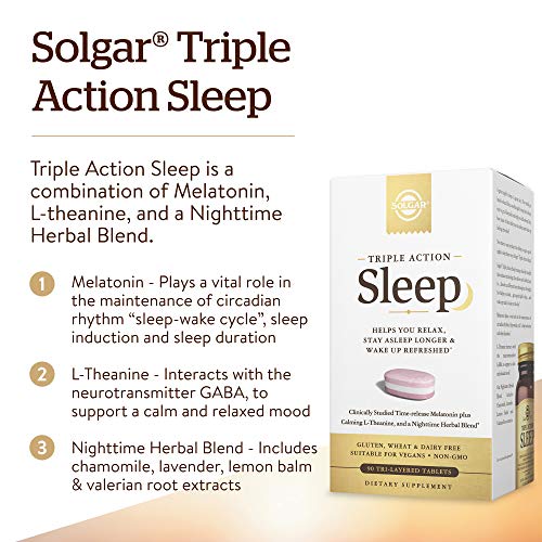 Solgar Triple Action Sleep, 90 Tri-Layer Tablets - Time-Release Melatonin & L-Theanine Plus Herbal Blend - Helps You Relax - Non-GMO, Gluten Free - 90 Servings