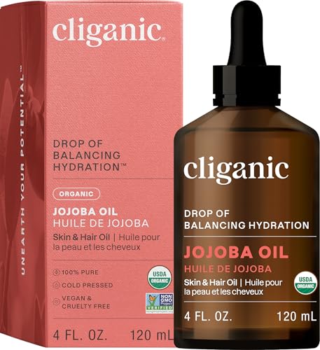 Cliganic Organic Jojoba Oil, 100% Pure (4oz) | Moisturizing Oil for Face, Hair, Skin & Nails | Natural Cold Pressed Hexane Free | Base Carrier Oil (Packaging May Vary)
